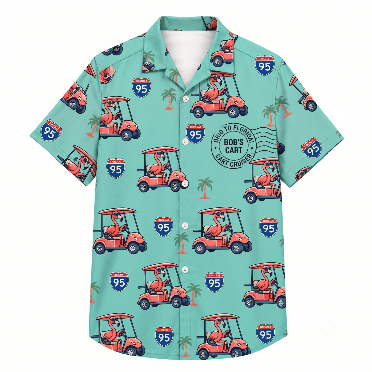 Personalized Flamingo "Golf Cart Cruiser" Tropical Hawaiian Shirt - FlamingoAholic