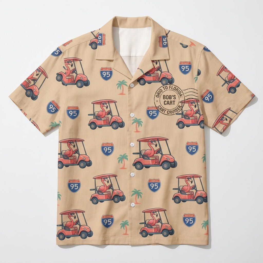Personalized Flamingo "Golf Cart Cruiser" Tropical Hawaiian Shirt - FlamingoAholic