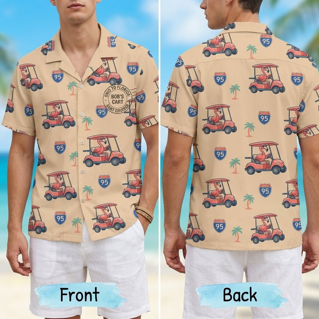 Personalized Flamingo "Golf Cart Cruiser" Tropical Hawaiian Shirt - FlamingoAholic