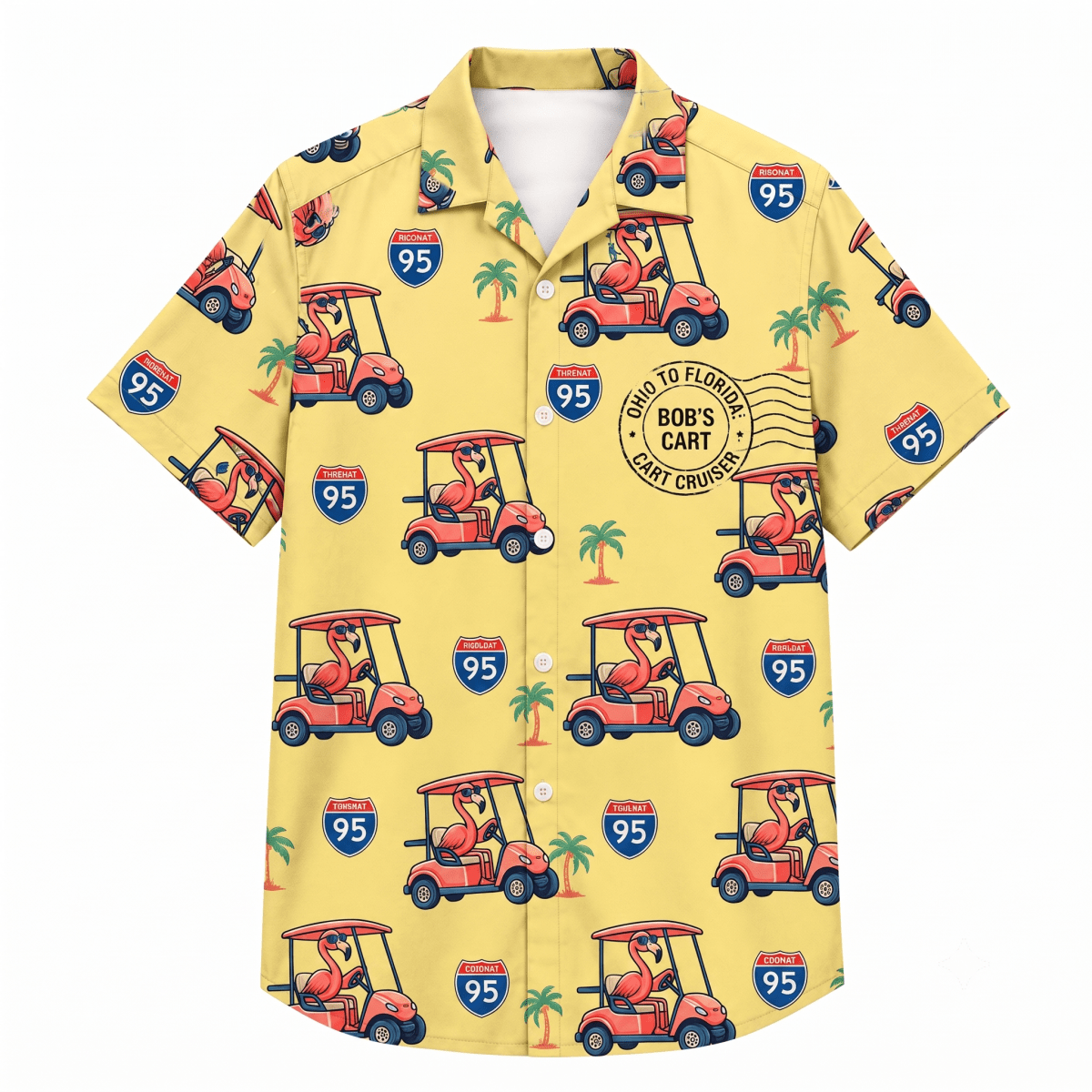 Personalized Flamingo "Golf Cart Cruiser" Tropical Hawaiian Shirt - FlamingoAholic