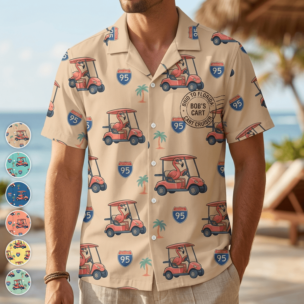 Personalized Flamingo "Golf Cart Cruiser" Tropical Hawaiian Shirt - FlamingoAholic
