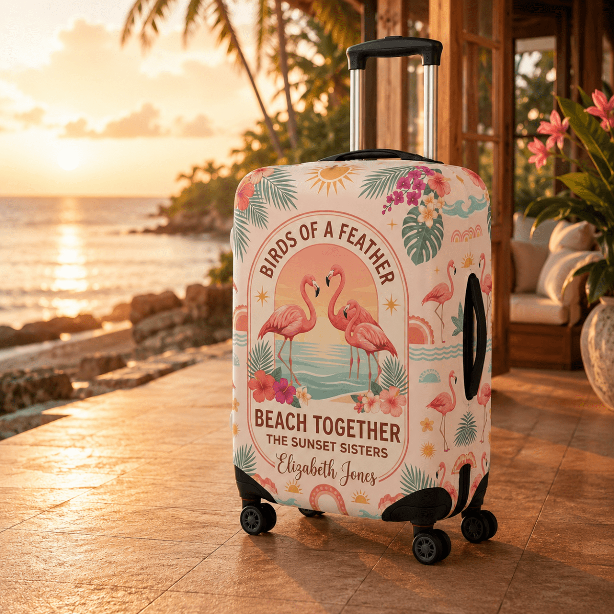 Personalized Flamingo Luggage Cover | Custom Travel Suitcase Protector | Beach Bestie Gift - FlamingoAholic