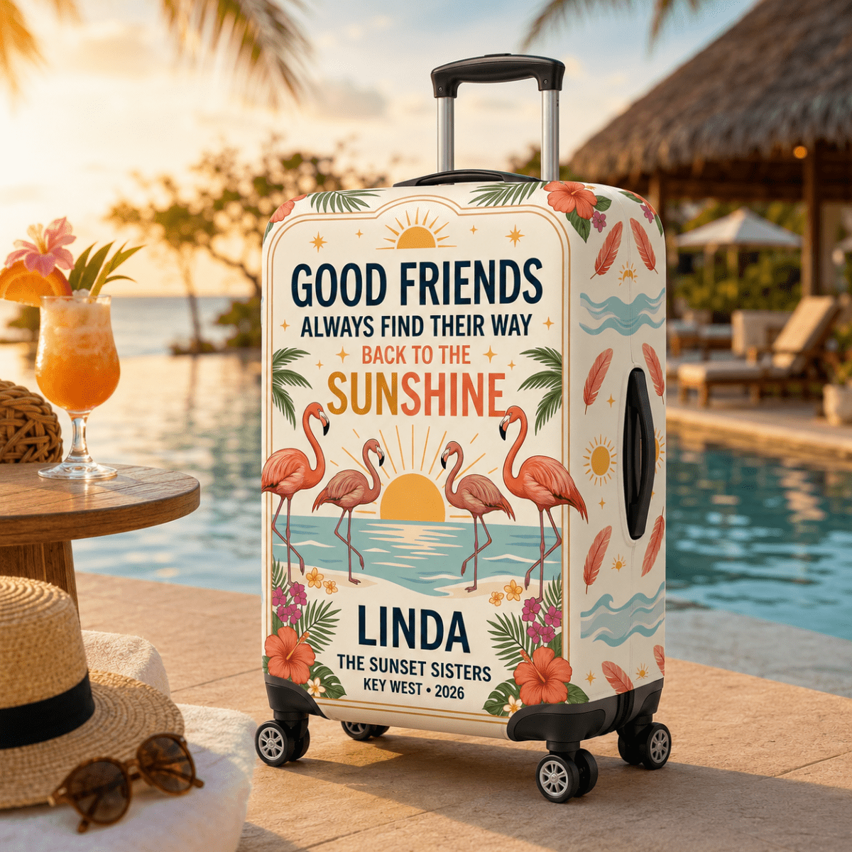 Personalized Flamingo Luggage Cover | Good Friends Travel Suitcase Protector | Custom Gift - FlamingoAholic