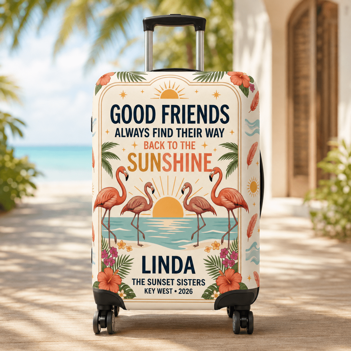 Personalized Flamingo Luggage Cover | Good Friends Travel Suitcase Protector | Custom Gift - FlamingoAholic
