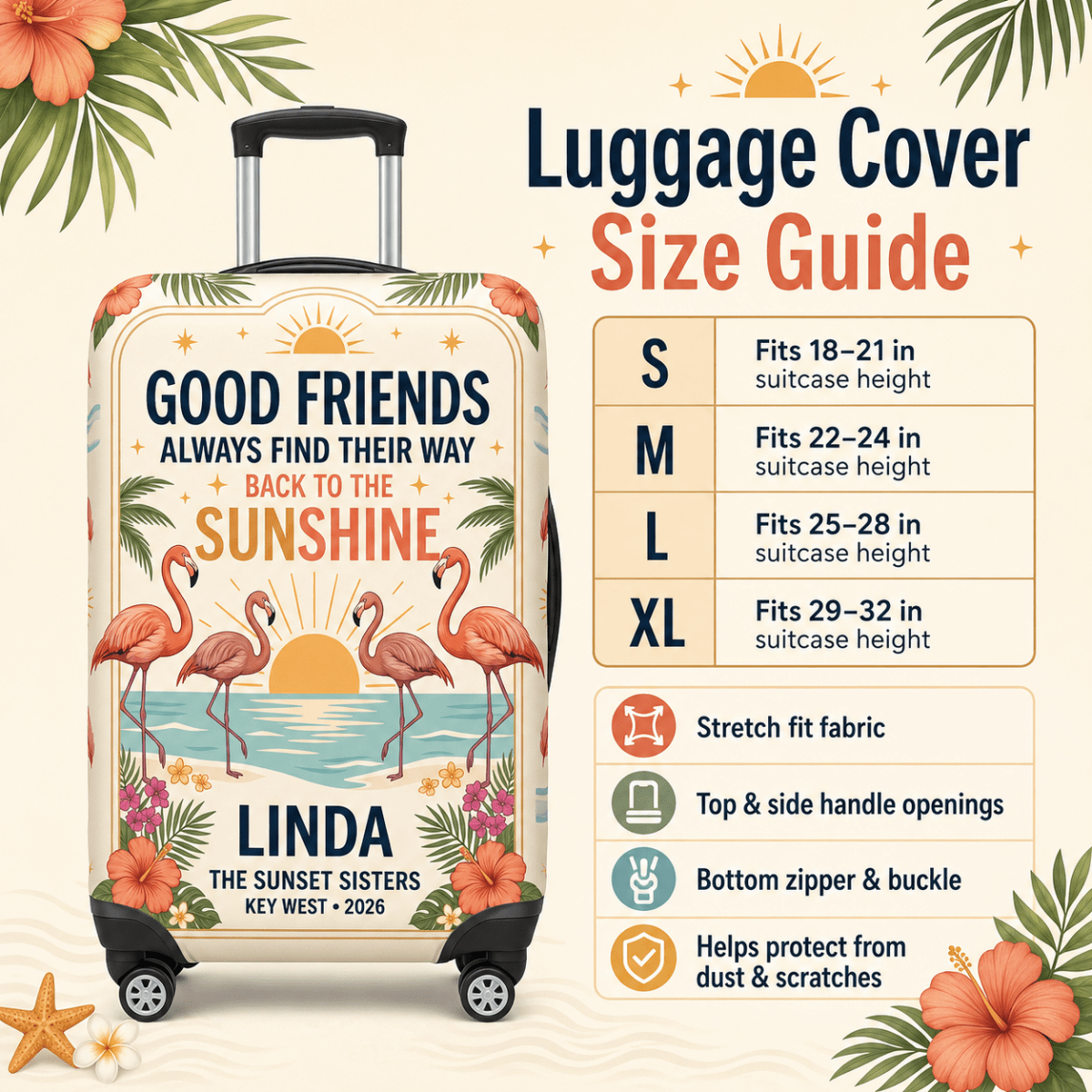 Personalized Flamingo Luggage Cover | Good Friends Travel Suitcase Protector | Custom Gift - FlamingoAholic