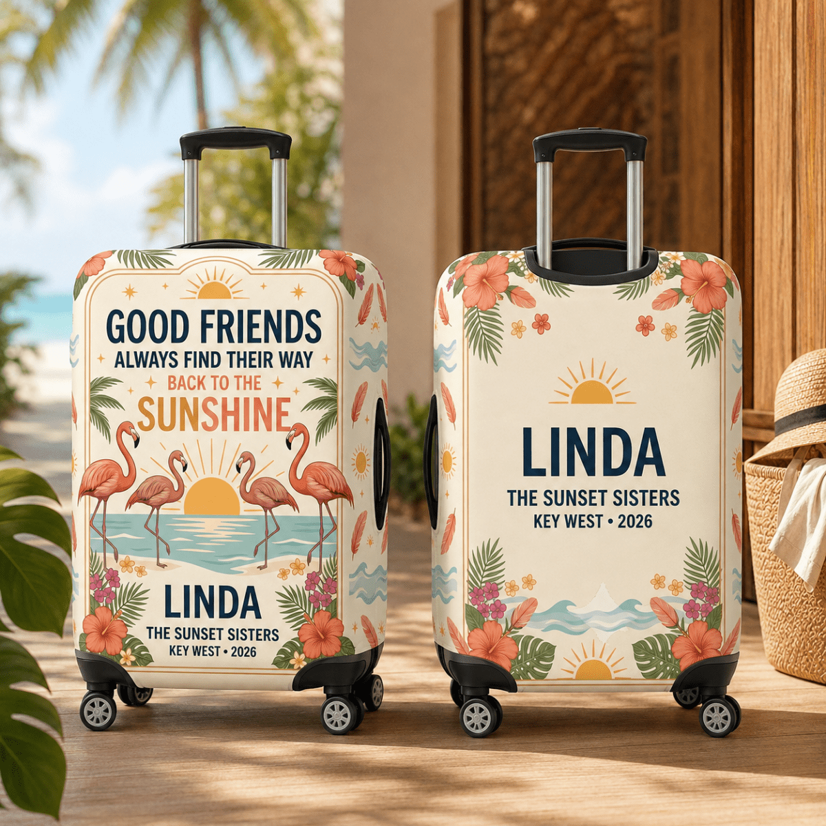 Personalized Flamingo Luggage Cover | Good Friends Travel Suitcase Protector | Custom Gift - FlamingoAholic