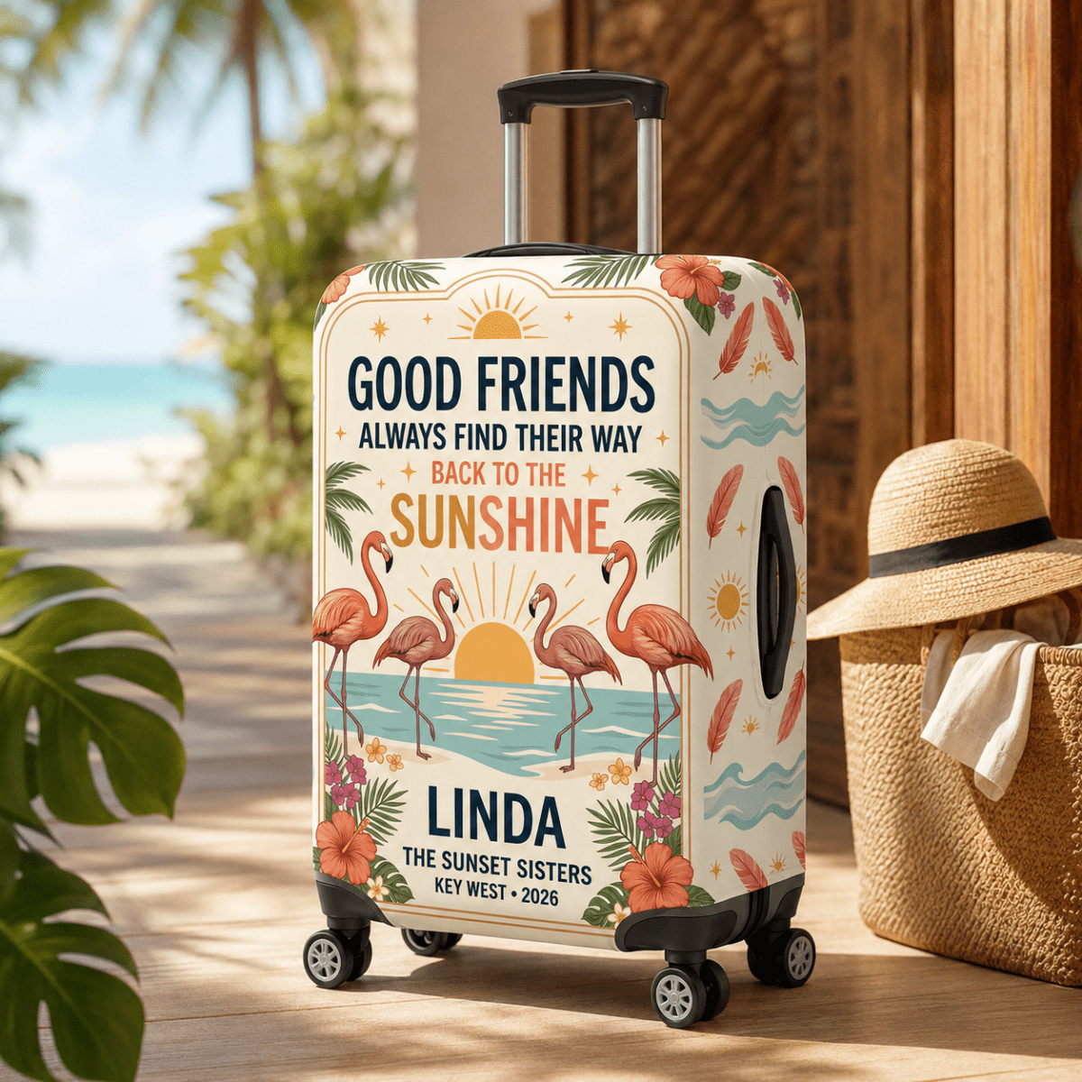 Personalized Flamingo Luggage Cover | Good Friends Travel Suitcase Protector | Custom Gift - FlamingoAholic