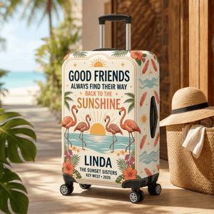 Personalized Flamingo Luggage Cover | Good Friends Travel Suitcase Protector | Custom Gift - FlamingoAholic