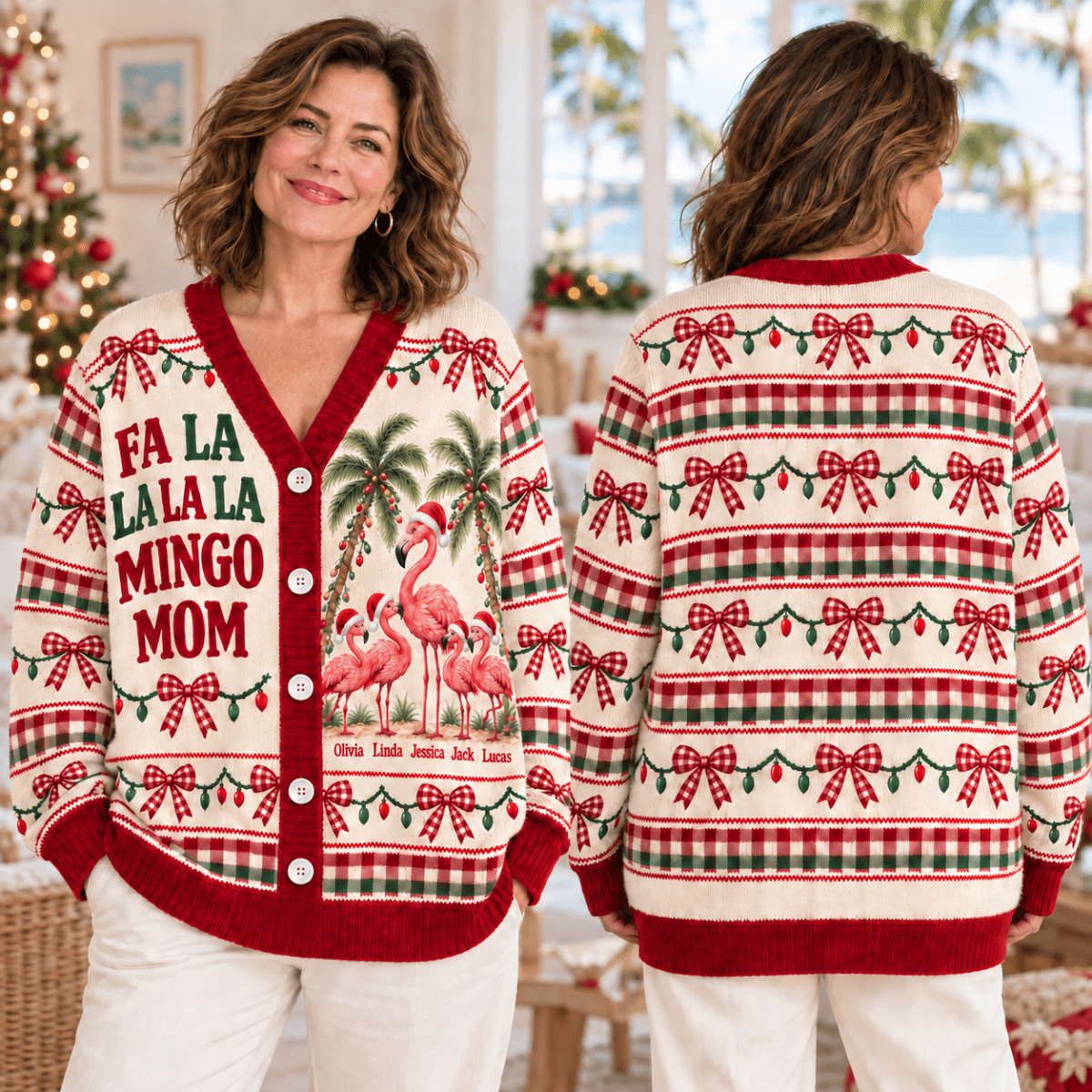 Personalized Flamingo Mom Christmas Sweater & Cardigan With Kids Names - FlamingoAholic