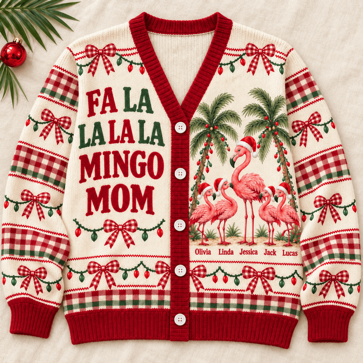 Personalized Flamingo Mom Christmas Sweater & Cardigan With Kids Names - FlamingoAholic