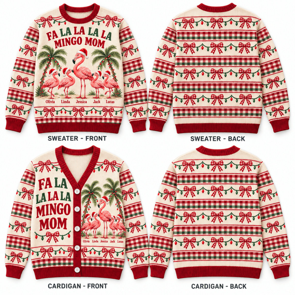 Personalized Flamingo Mom Christmas Sweater & Cardigan With Kids Names - FlamingoAholic