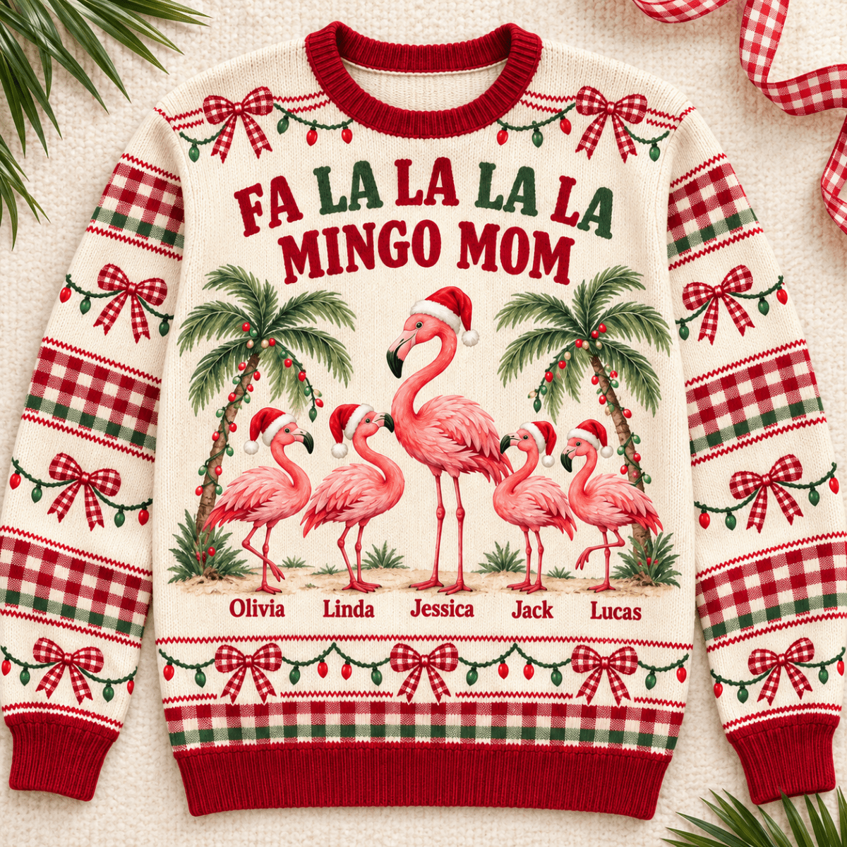 Personalized Flamingo Mom Christmas Sweater & Cardigan With Kids Names - FlamingoAholic