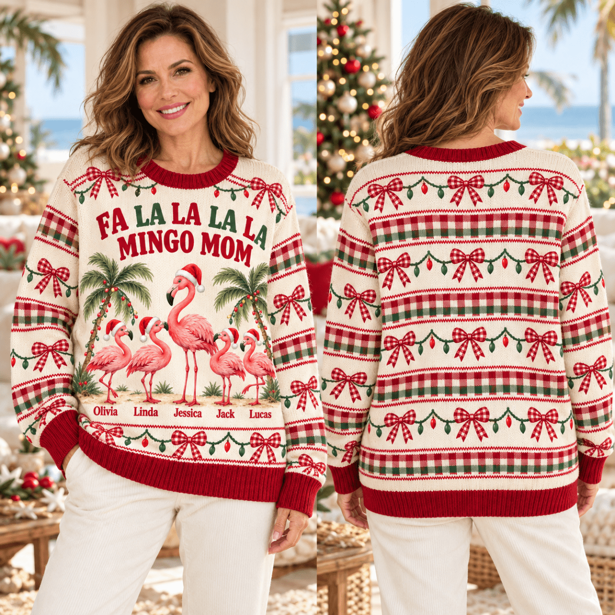 Personalized Flamingo Mom Christmas Sweater & Cardigan With Kids Names - FlamingoAholic