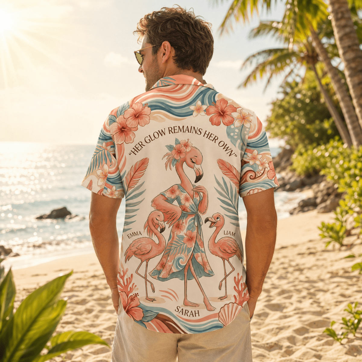 Personalized Flamingo Mom Hawaiian Shirt | Custom Mother's Love Beach Shirt | Gift for Mom from Kids - FlamingoAholic