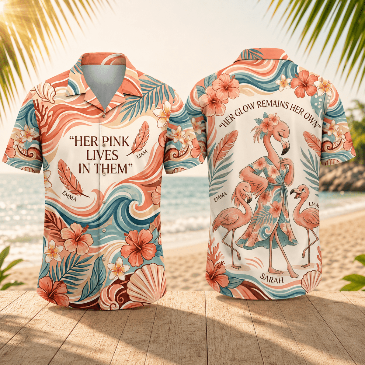 Personalized Flamingo Mom Hawaiian Shirt | Custom Mother's Love Beach Shirt | Gift for Mom from Kids - FlamingoAholic