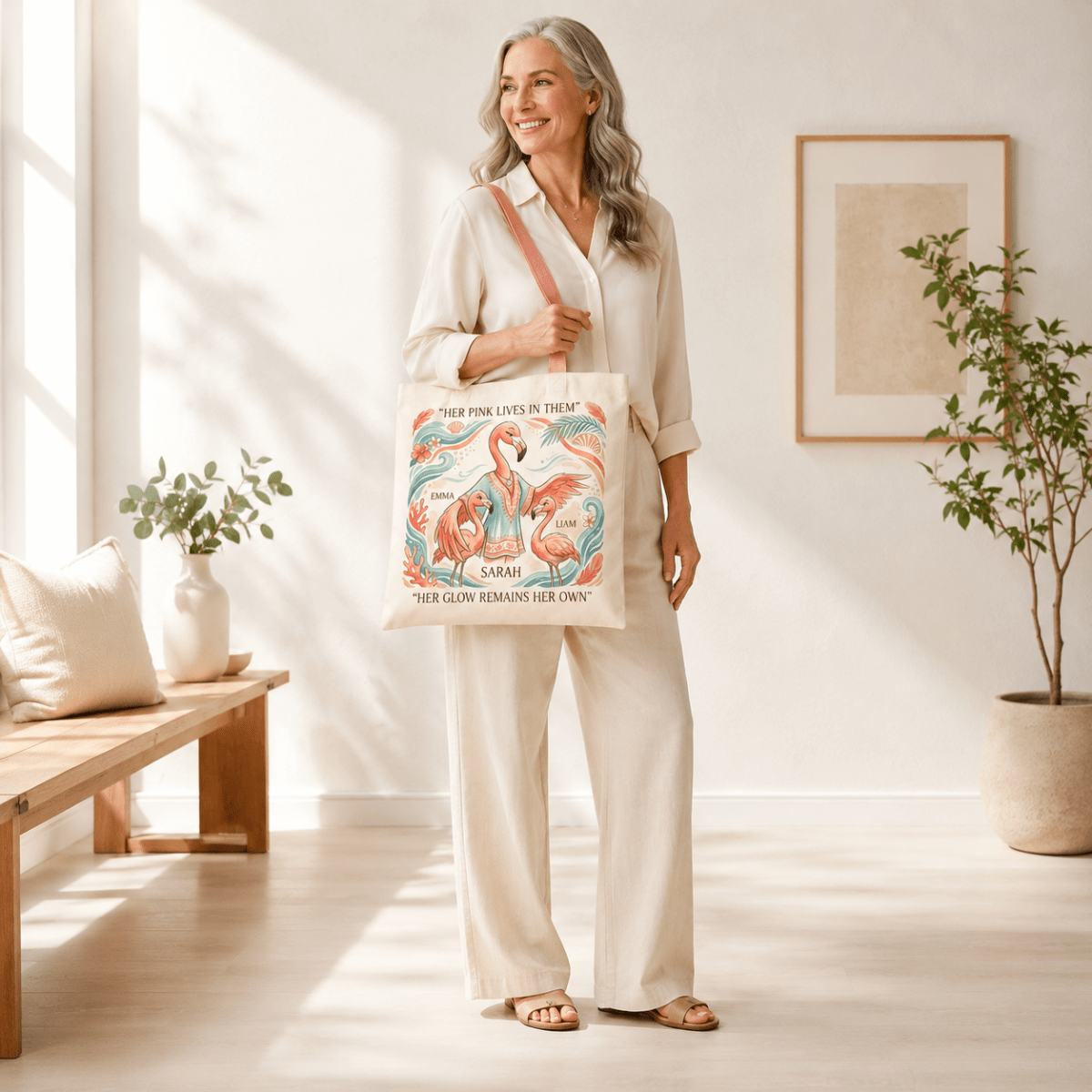 Personalized Flamingo Mom Tote Bag | Custom Mother & Kids Beach Canvas Shopping Bag - FlamingoAholic