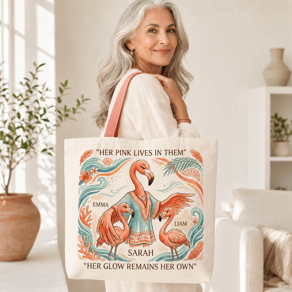 Personalized Flamingo Mom Tote Bag | Custom Mother & Kids Beach Canvas Shopping Bag - FlamingoAholic