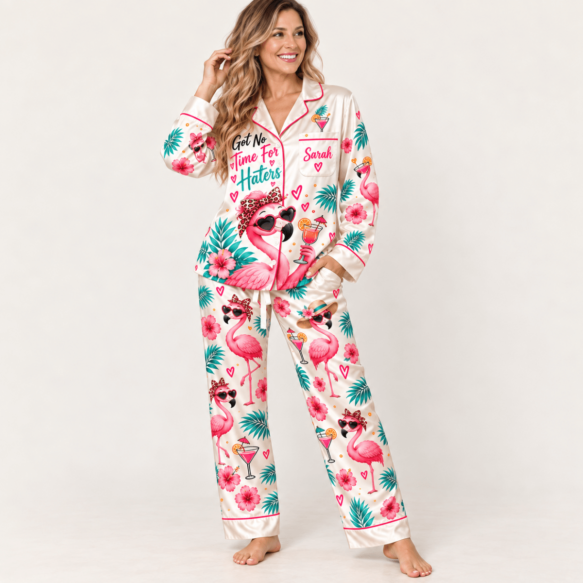 Personalized Flamingo Pajama Set for Women - Got No Time for Haters - FlamingoAholic