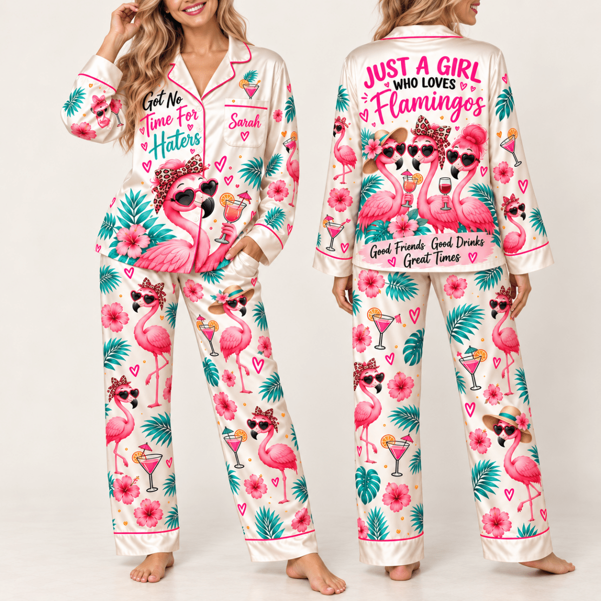 Personalized Flamingo Pajama Set for Women - Got No Time for Haters - FlamingoAholic