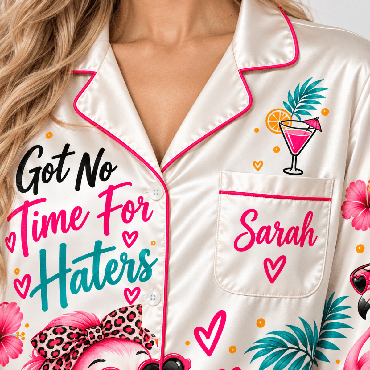 Personalized Flamingo Pajama Set for Women - Got No Time for Haters - FlamingoAholic