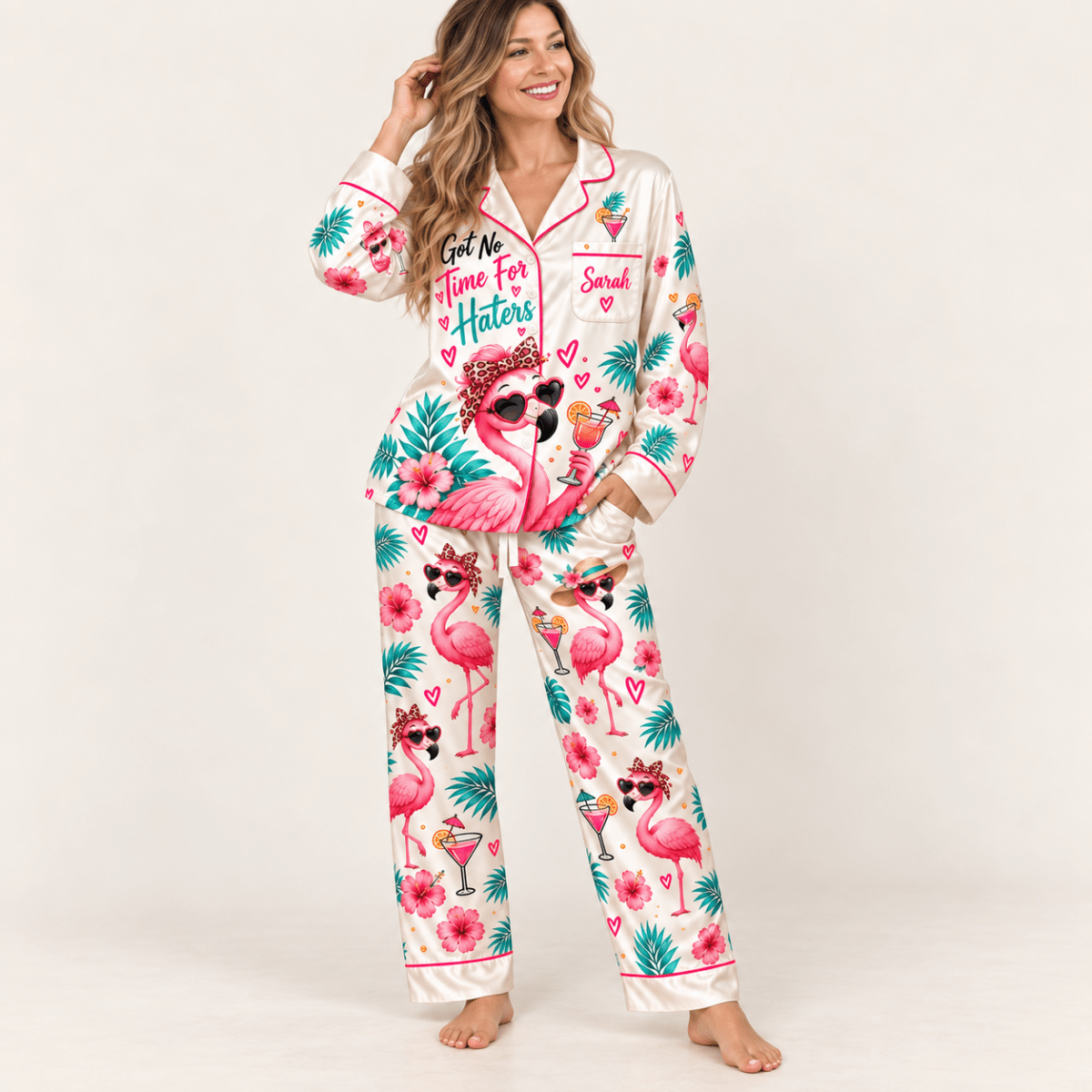 Personalized Flamingo Pajama Set for Women - Got No Time for Haters - FlamingoAholic