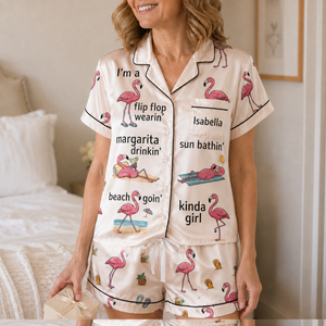 Personalized Flamingo Pajama Set for Women, Satin Short Sleeve PJs, Tropical Beach Lover Gift - FlamingoAholic