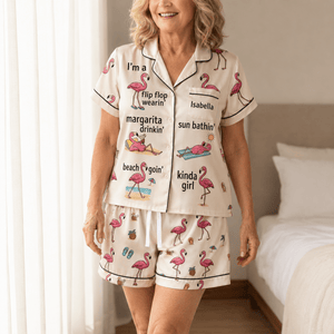 Personalized Flamingo Pajama Set for Women, Satin Short Sleeve PJs, Tropical Beach Lover Gift - FlamingoAholic