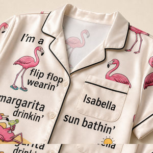 Personalized Flamingo Pajama Set for Women, Satin Short Sleeve PJs, Tropical Beach Lover Gift - FlamingoAholic