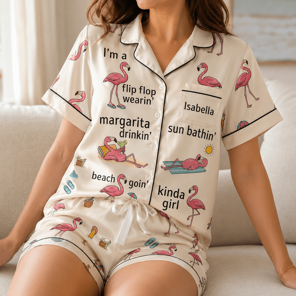 Personalized Flamingo Pajama Set for Women, Satin Short Sleeve PJs, Tropical Beach Lover Gift - FlamingoAholic