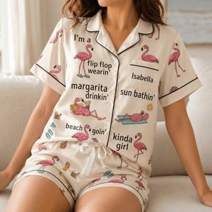 Personalized Flamingo Pajama Set for Women, Satin Short Sleeve PJs, Tropical Beach Lover Gift - FlamingoAholic