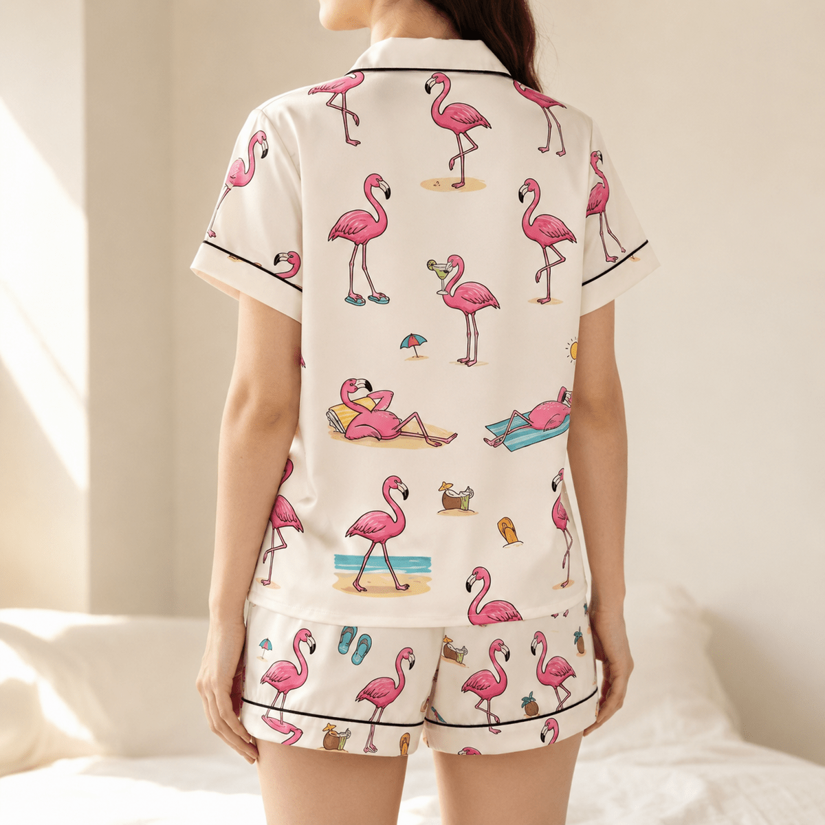 Personalized Flamingo Pajama Set for Women, Satin Short Sleeve PJs, Tropical Beach Lover Gift - FlamingoAholic