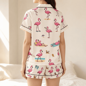 Personalized Flamingo Pajama Set for Women, Satin Short Sleeve PJs, Tropical Beach Lover Gift - FlamingoAholic
