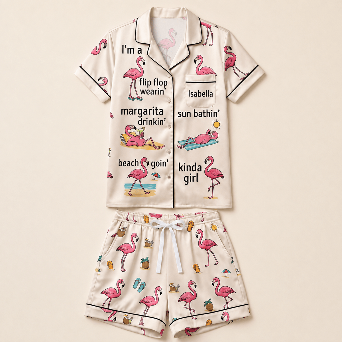 Personalized Flamingo Pajama Set for Women, Satin Short Sleeve PJs, Tropical Beach Lover Gift - FlamingoAholic