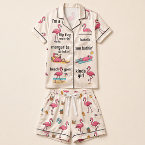 Personalized Flamingo Pajama Set for Women, Satin Short Sleeve PJs, Tropical Beach Lover Gift - FlamingoAholic