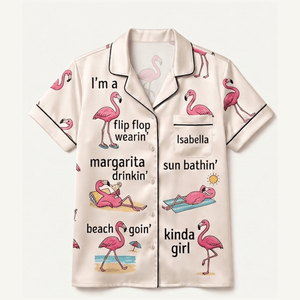 Personalized Flamingo Pajama Set for Women, Satin Short Sleeve PJs, Tropical Beach Lover Gift - FlamingoAholic
