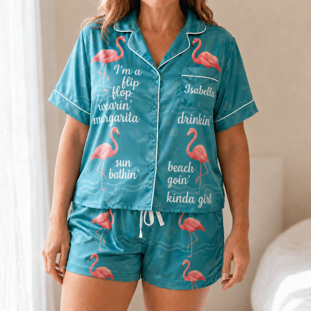 Personalized Flamingo Pajama Set for Women, Tropical Satin PJs, Beach Lover Gift, Custom Name Sleepwear - FlamingoAholic
