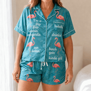 Personalized Flamingo Pajama Set for Women, Tropical Satin PJs, Beach Lover Gift, Custom Name Sleepwear - FlamingoAholic