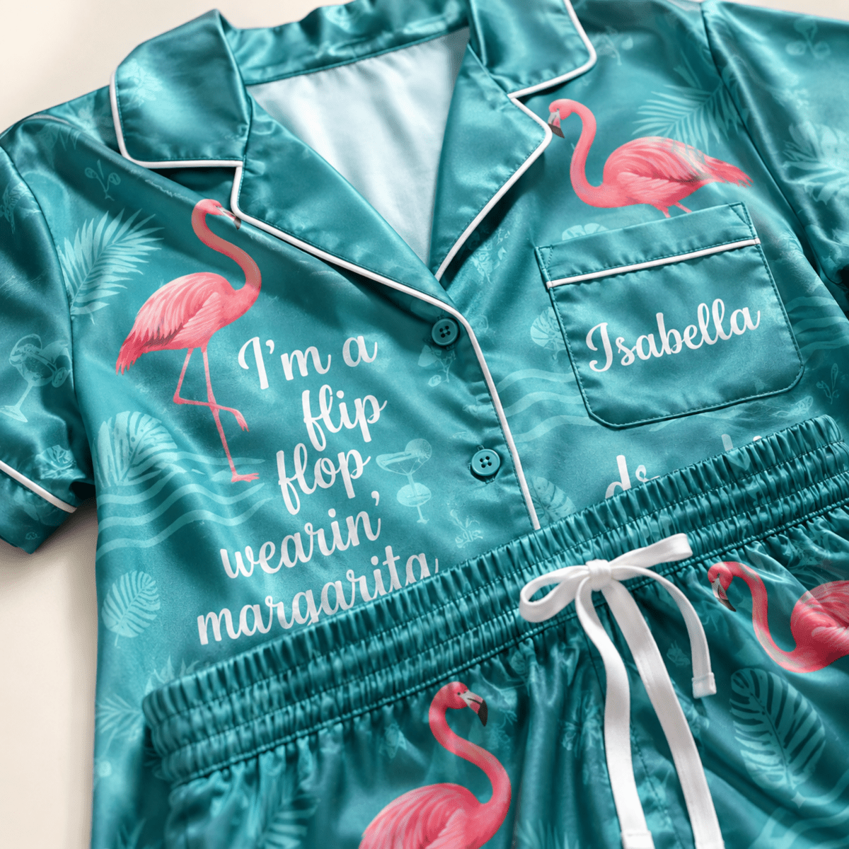 Personalized Flamingo Pajama Set for Women, Tropical Satin PJs, Beach Lover Gift, Custom Name Sleepwear - FlamingoAholic