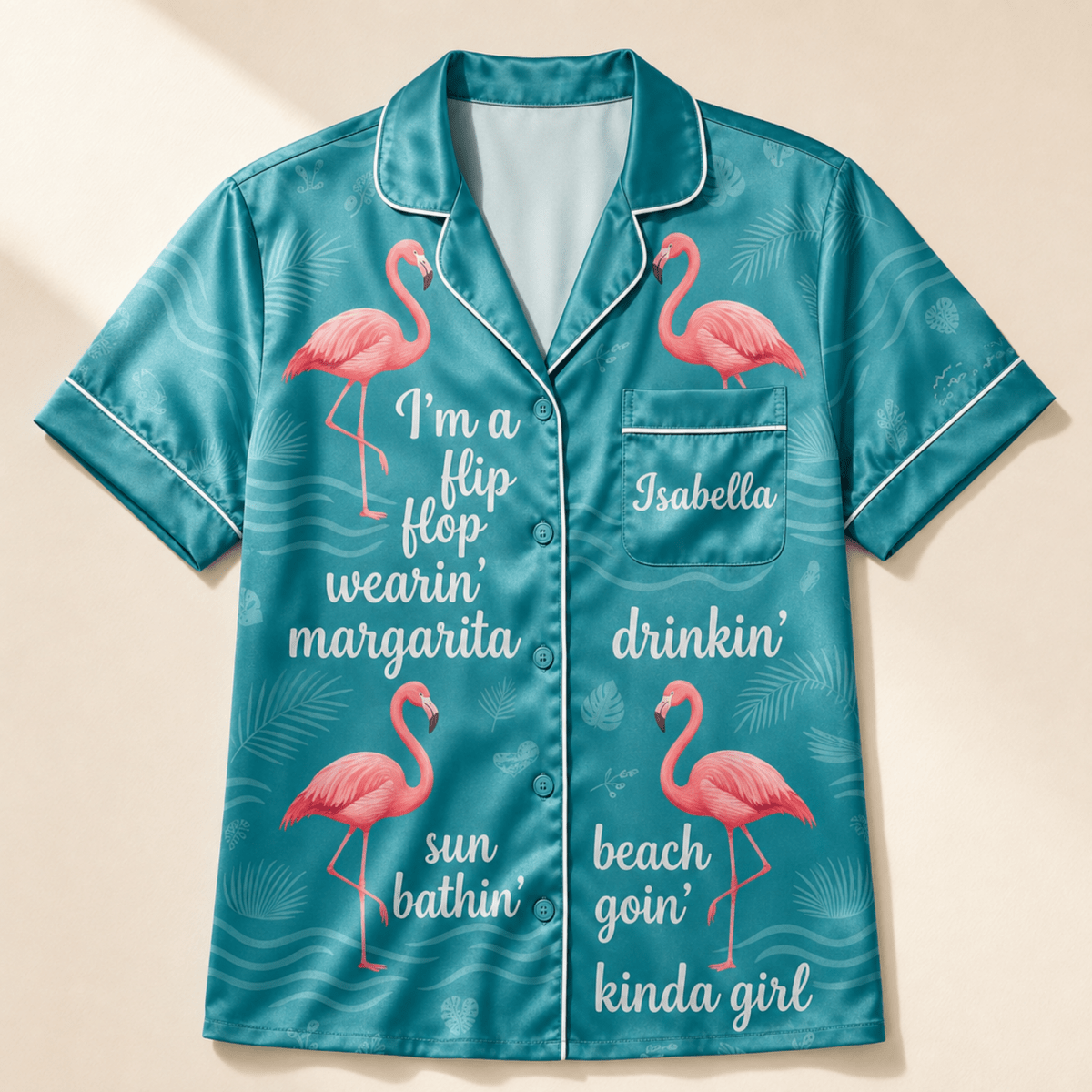 Personalized Flamingo Pajama Set for Women, Tropical Satin PJs, Beach Lover Gift, Custom Name Sleepwear - FlamingoAholic