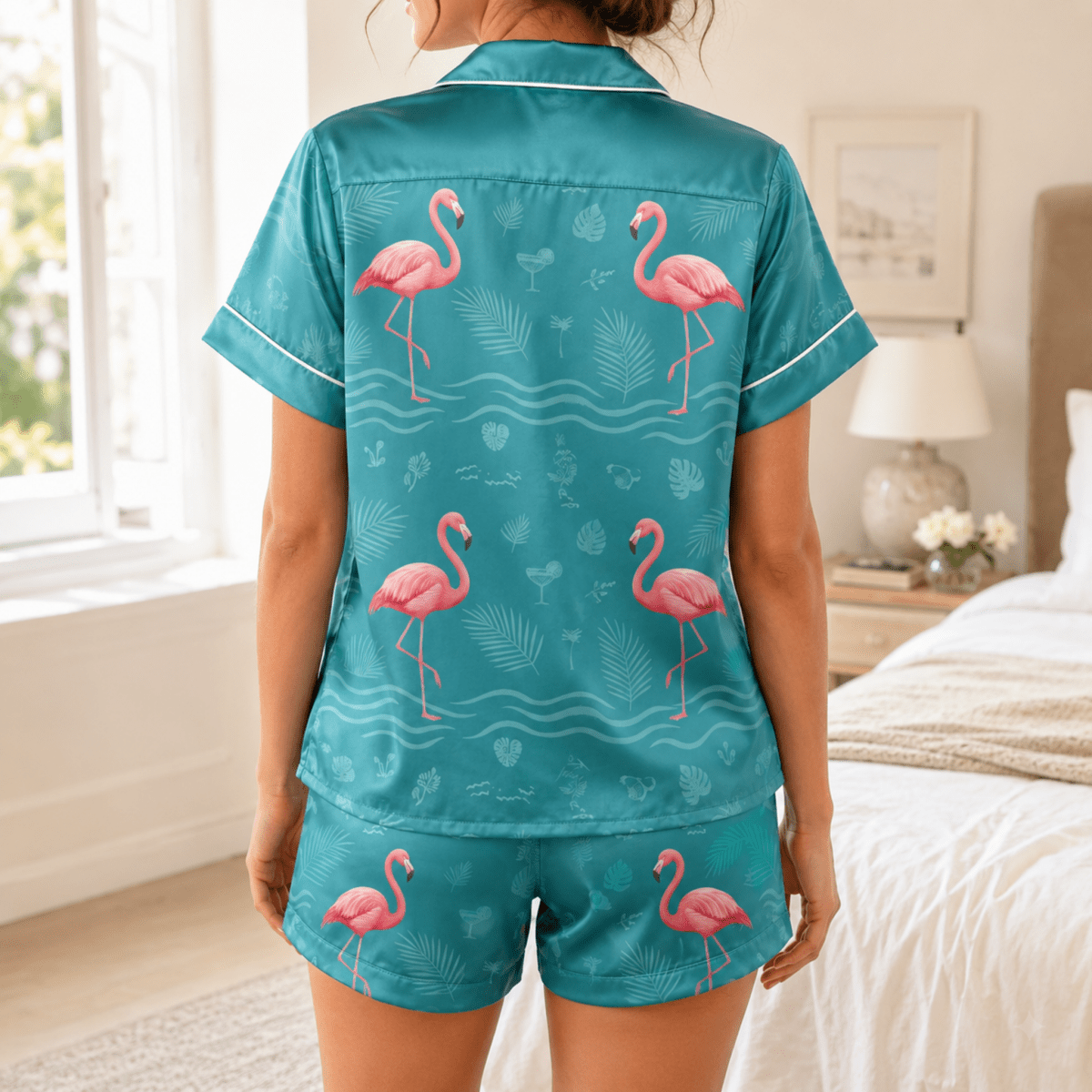 Personalized Flamingo Pajama Set for Women, Tropical Satin PJs, Beach Lover Gift, Custom Name Sleepwear - FlamingoAholic