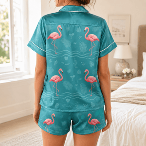 Personalized Flamingo Pajama Set for Women, Tropical Satin PJs, Beach Lover Gift, Custom Name Sleepwear - FlamingoAholic