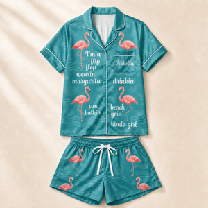 Personalized Flamingo Pajama Set for Women, Tropical Satin PJs, Beach Lover Gift, Custom Name Sleepwear - FlamingoAholic