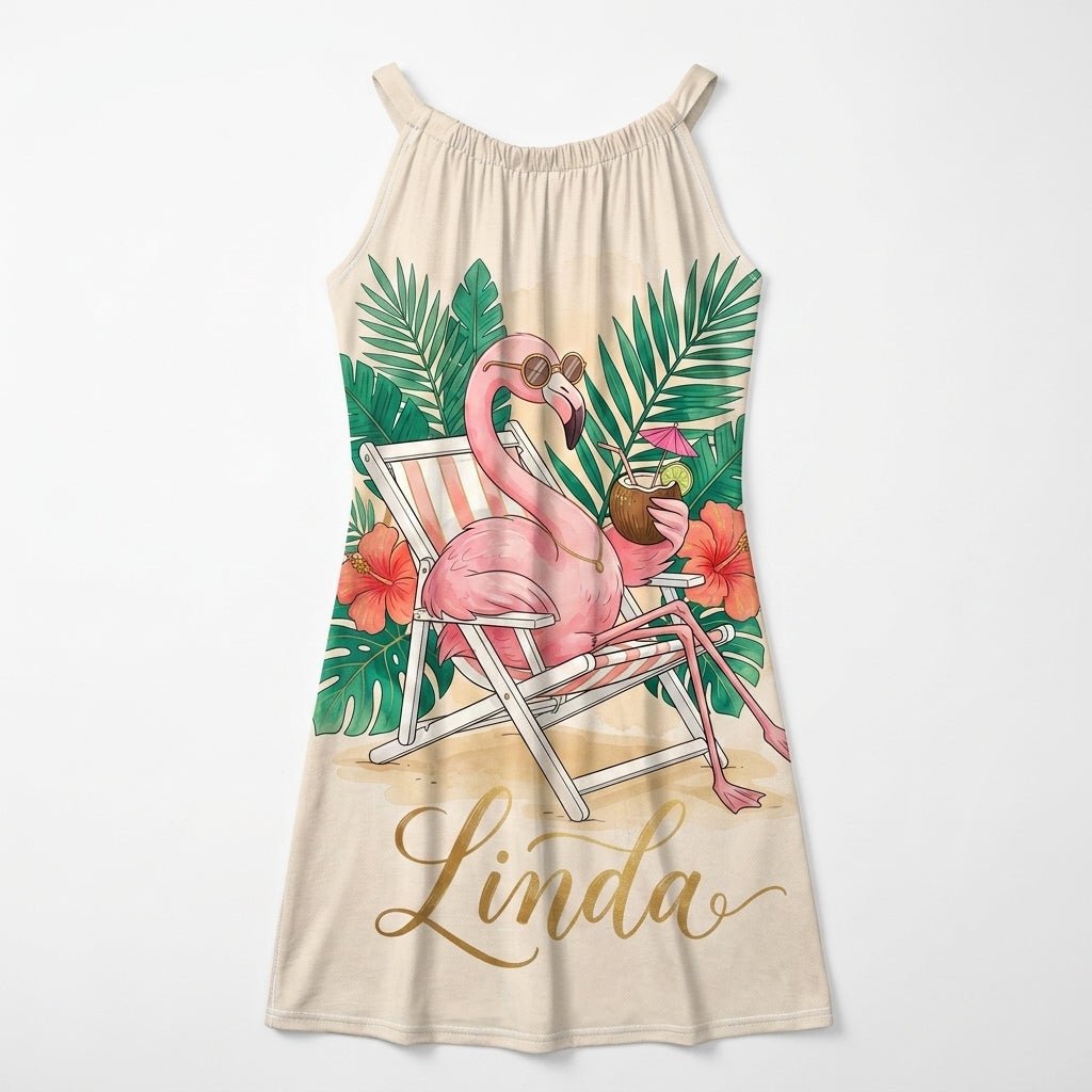 Personalized Flamingo Print Tropical Sling Summer Dress - FlamingoAholic