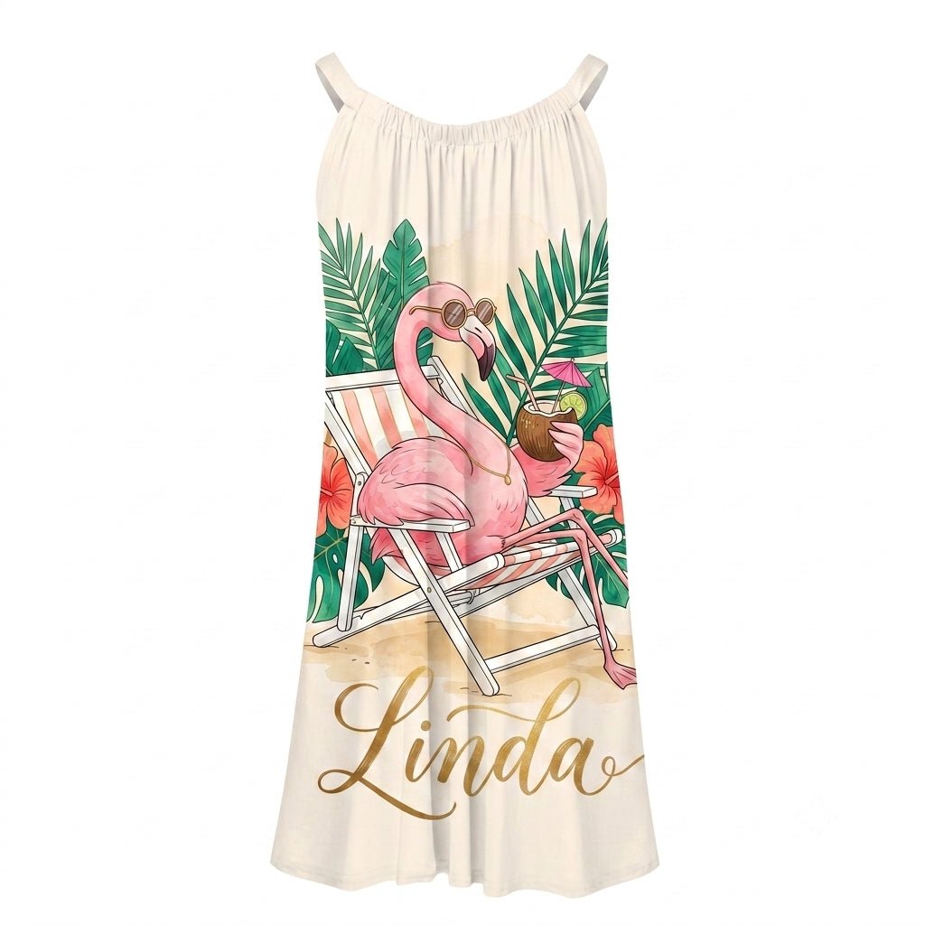Personalized Flamingo Print Tropical Sling Summer Dress - FlamingoAholic
