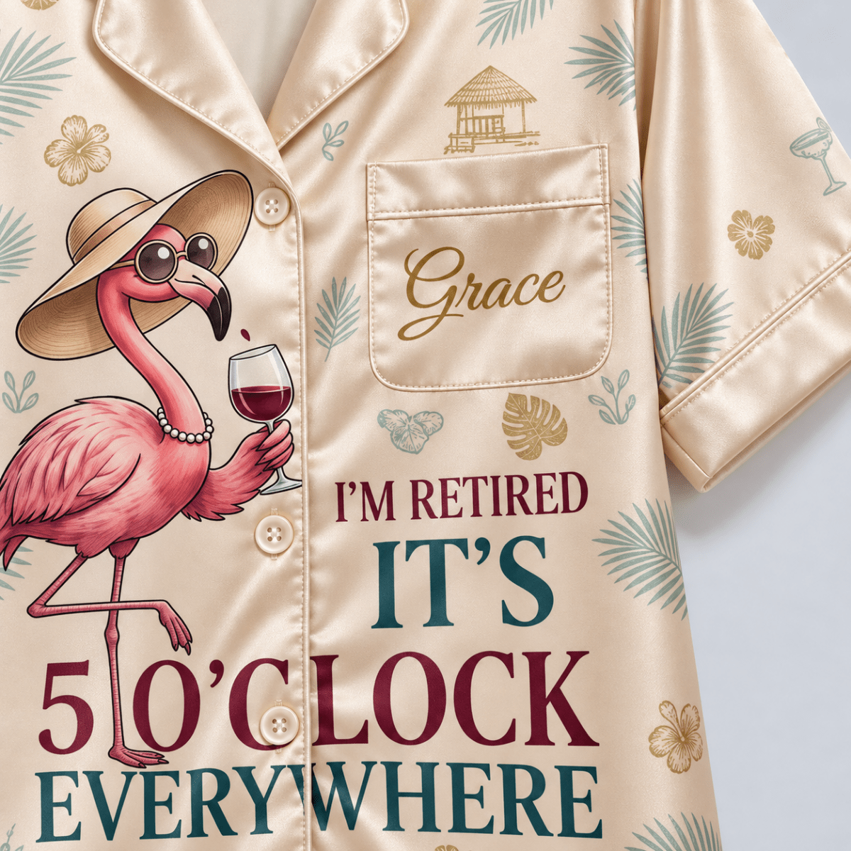 Personalized Flamingo Retirement Satin Pajama Set for Women - FlamingoAholic