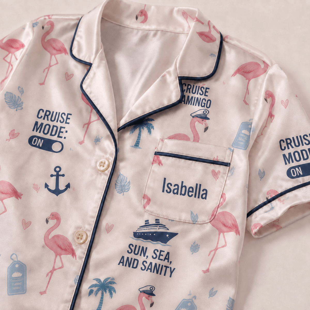 Personalized Flamingo Satin Pajama Set for Women, Cruise Vacation Short Sleeve PJs, Custom Name Pajamas - FlamingoAholic