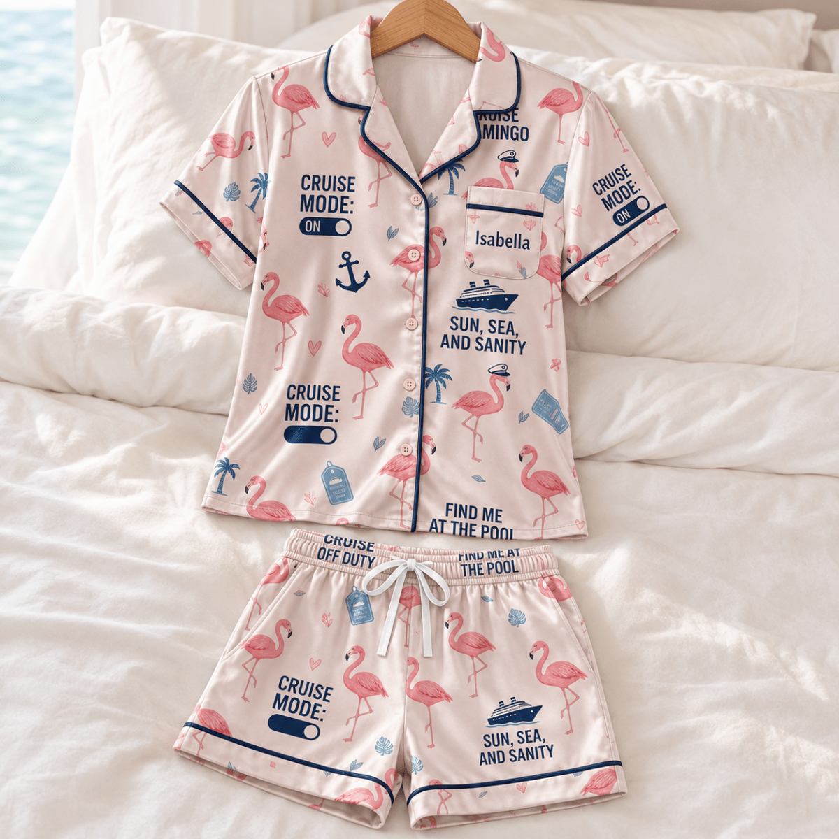 Personalized Flamingo Satin Pajama Set for Women, Cruise Vacation Short Sleeve PJs, Custom Name Pajamas - FlamingoAholic