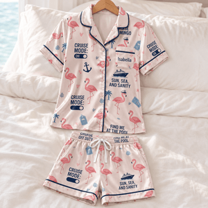 Personalized Flamingo Satin Pajama Set for Women, Cruise Vacation Short Sleeve PJs, Custom Name Pajamas - FlamingoAholic