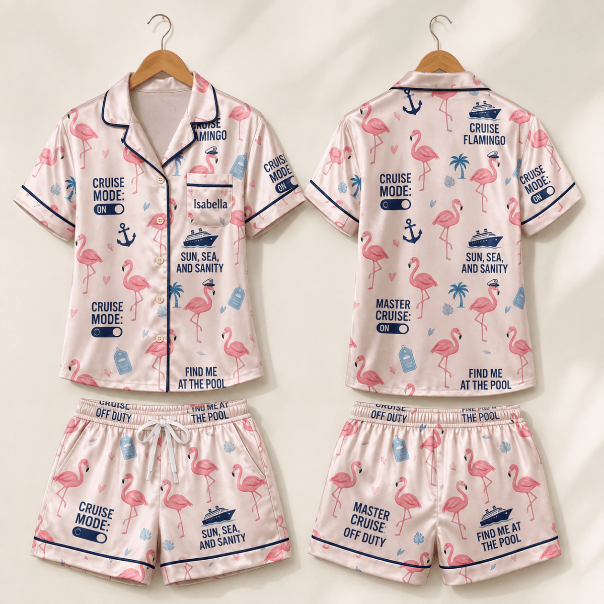 Personalized Flamingo Satin Pajama Set for Women, Cruise Vacation Short Sleeve PJs, Custom Name Pajamas - FlamingoAholic
