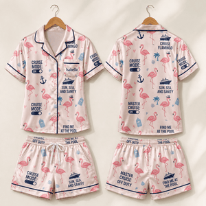 Personalized Flamingo Satin Pajama Set for Women, Cruise Vacation Short Sleeve PJs, Custom Name Pajamas - FlamingoAholic
